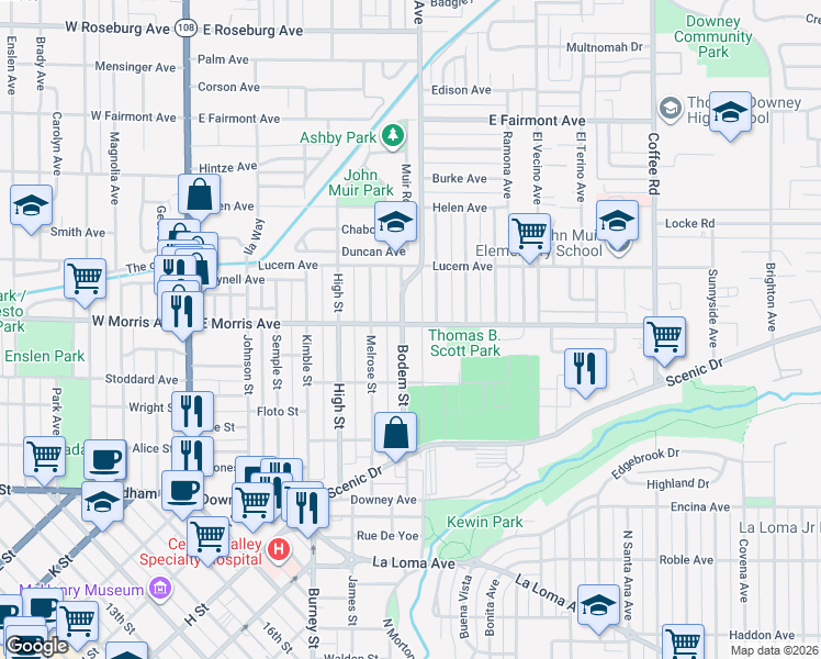 map of restaurants, bars, coffee shops, grocery stores, and more near 512 Bodem Street in Modesto