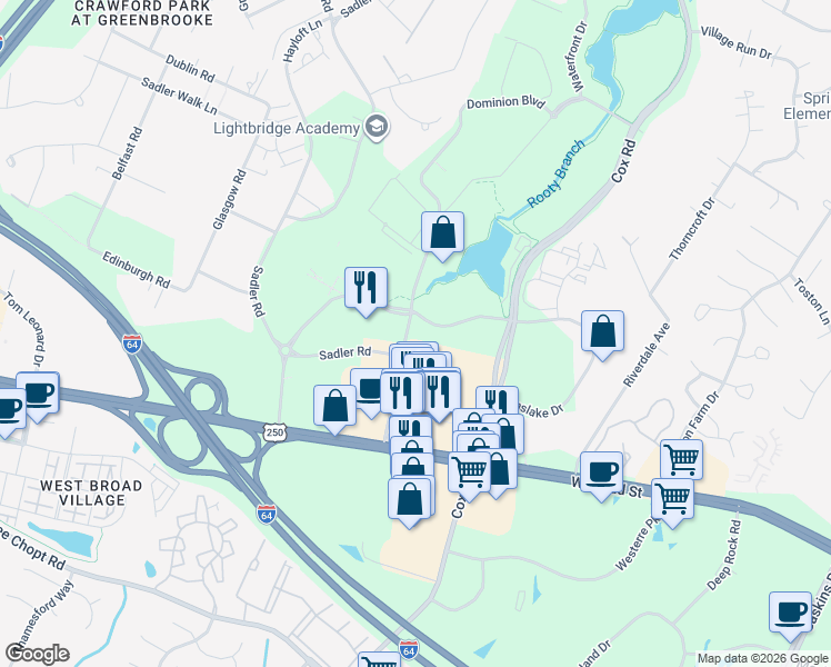 map of restaurants, bars, coffee shops, grocery stores, and more near 4245 Innslake Drive in Glen Allen