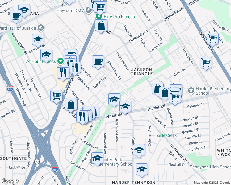 map of restaurants, bars, coffee shops, grocery stores, and more near 25181 Huntwood Ave in Hayward
