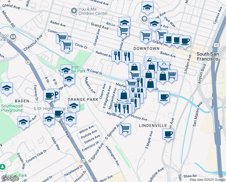 map of restaurants, bars, coffee shops, grocery stores, and more near 110 Manzanita Avenue in South San Francisco