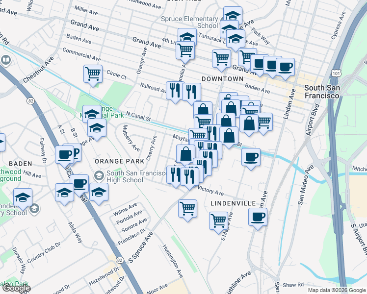map of restaurants, bars, coffee shops, grocery stores, and more near 528 Mayfair Avenue in South San Francisco