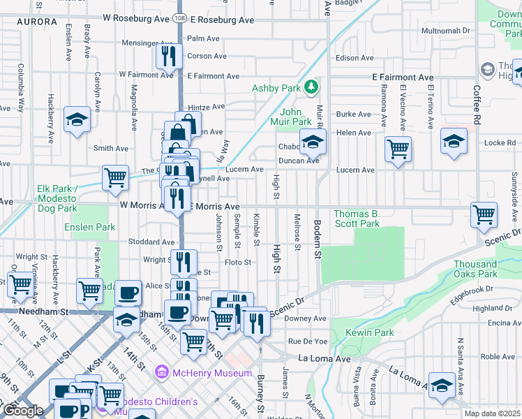 map of restaurants, bars, coffee shops, grocery stores, and more near 422 Kimble Street in Modesto