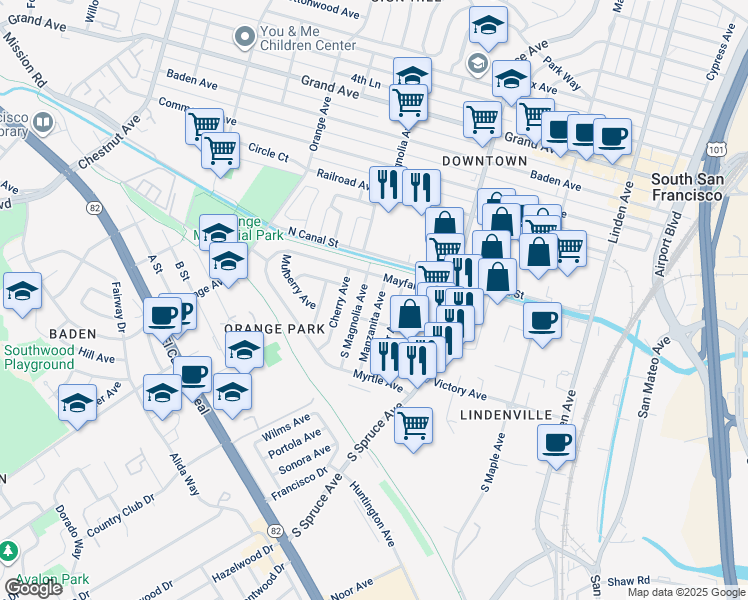 map of restaurants, bars, coffee shops, grocery stores, and more near 110 Manzanita Avenue in South San Francisco