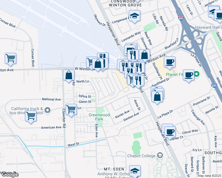 map of restaurants, bars, coffee shops, grocery stores, and more near 1150 West Winton Avenue in Hayward