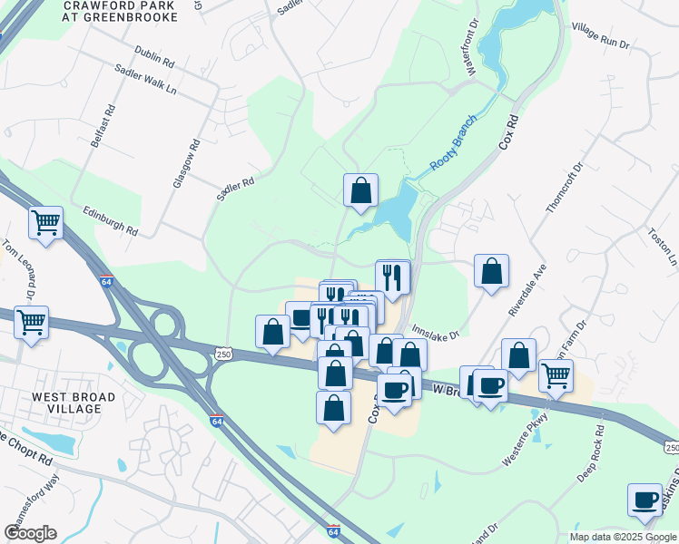 map of restaurants, bars, coffee shops, grocery stores, and more near 4201 Dominion Boulevard in Glen Allen