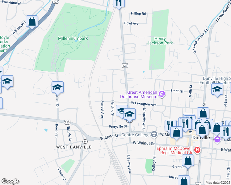 map of restaurants, bars, coffee shops, grocery stores, and more near 408 Harding Street in Danville