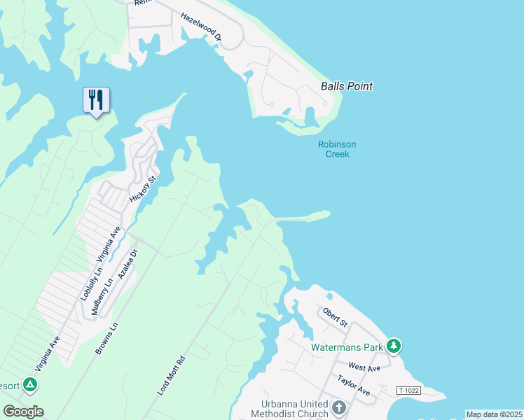 map of restaurants, bars, coffee shops, grocery stores, and more near 953 Lord Mott Road in Urbanna