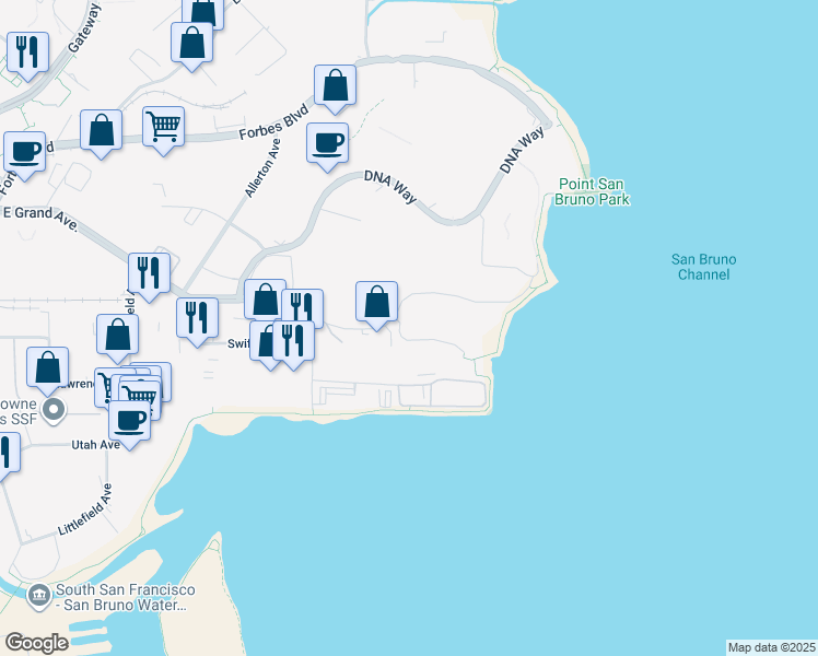 map of restaurants, bars, coffee shops, grocery stores, and more near 620 East Grand Avenue in South San Francisco