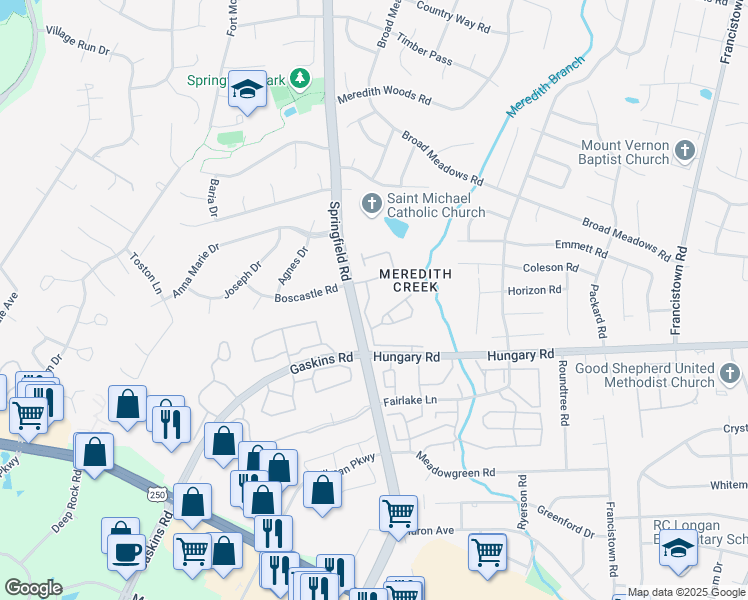 map of restaurants, bars, coffee shops, grocery stores, and more near 4517 Meredith Creek Drive in Glen Allen