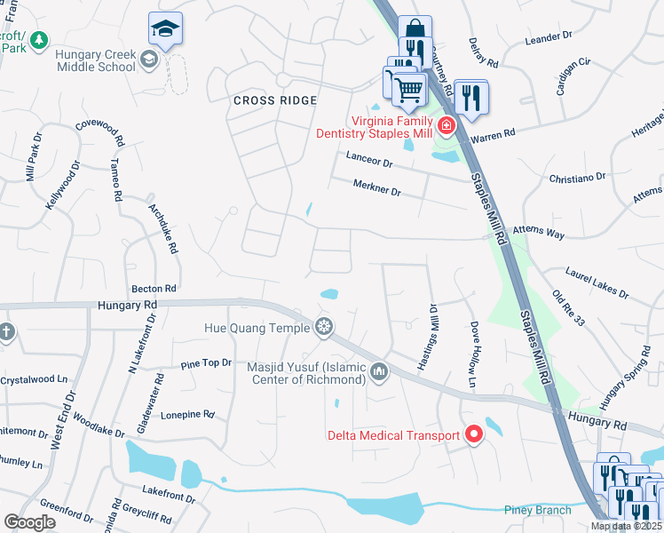 map of restaurants, bars, coffee shops, grocery stores, and more near 9816 Wares Wharf Circle in Glen Allen