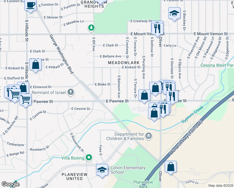 map of restaurants, bars, coffee shops, grocery stores, and more near 2308 South Broadview Street in Wichita