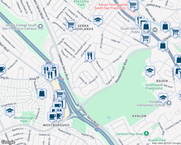 map of restaurants, bars, coffee shops, grocery stores, and more near 114 Escanyo Drive in South San Francisco