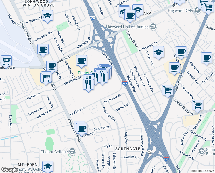 map of restaurants, bars, coffee shops, grocery stores, and more near 340 Southland Mall in Hayward