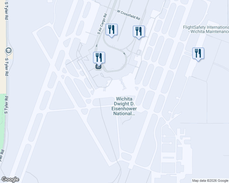 map of restaurants, bars, coffee shops, grocery stores, and more near 2277 Eisenhower Airport Parkway in Wichita