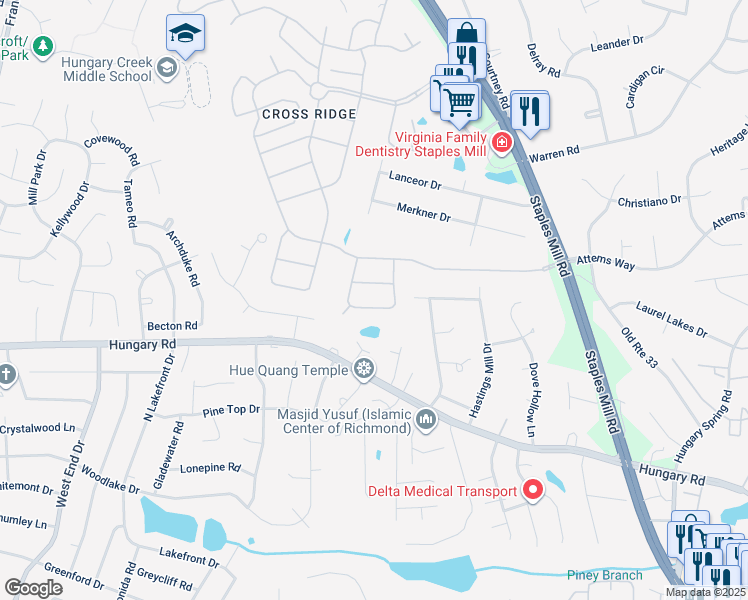 map of restaurants, bars, coffee shops, grocery stores, and more near 9816 Wares Wharf Circle in Glen Allen