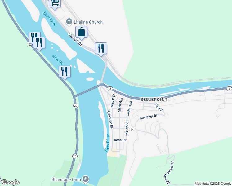 map of restaurants, bars, coffee shops, grocery stores, and more near 181 Greenbrier Drive in Hinton