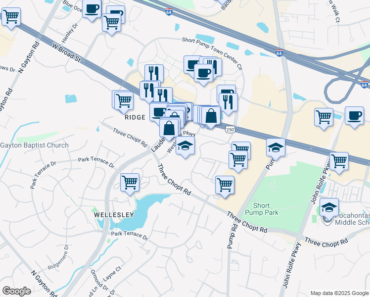 map of restaurants, bars, coffee shops, grocery stores, and more near 200 Westgate Parkway in Richmond
