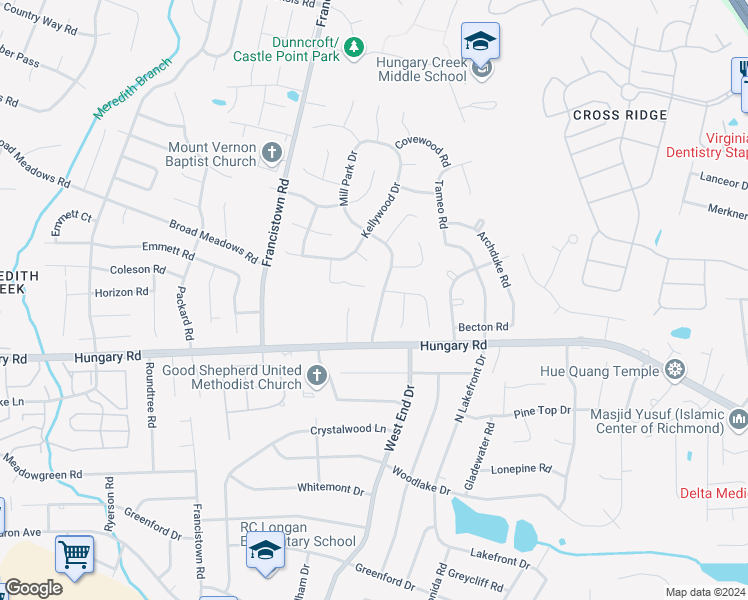 map of restaurants, bars, coffee shops, grocery stores, and more near 4612 Mill Park Drive in Glen Allen