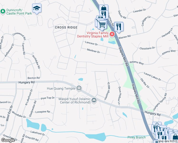 map of restaurants, bars, coffee shops, grocery stores, and more near 9921 Wares Wharf Circle in Glen Allen