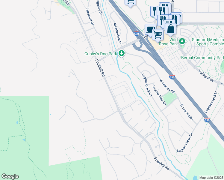 map of restaurants, bars, coffee shops, grocery stores, and more near 8200 Arroyo Drive in Pleasanton