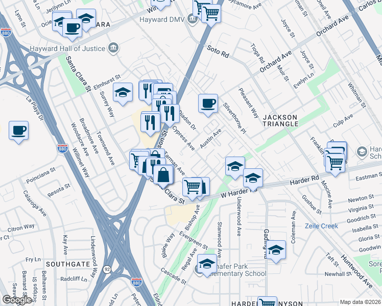 map of restaurants, bars, coffee shops, grocery stores, and more near 24955 Cypress Avenue in Hayward