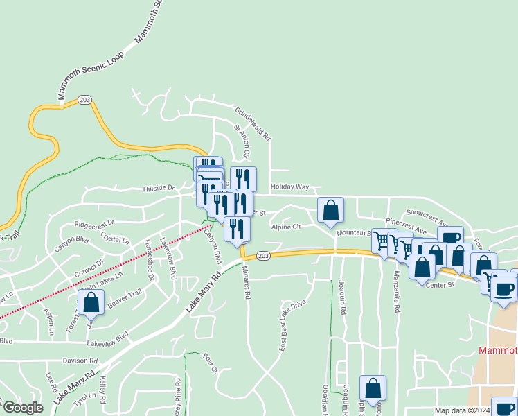 map of restaurants, bars, coffee shops, grocery stores, and more near 879 Forest Trail in Mammoth Lakes