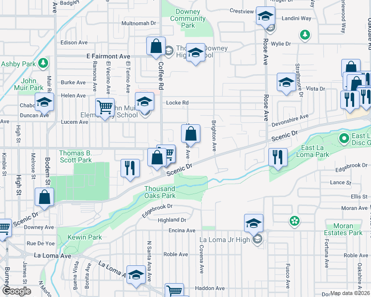 map of restaurants, bars, coffee shops, grocery stores, and more near 500 Sunnyside Avenue in Modesto