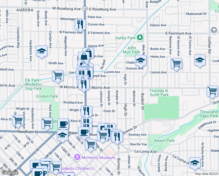 map of restaurants, bars, coffee shops, grocery stores, and more near 514 Semple Street in Modesto