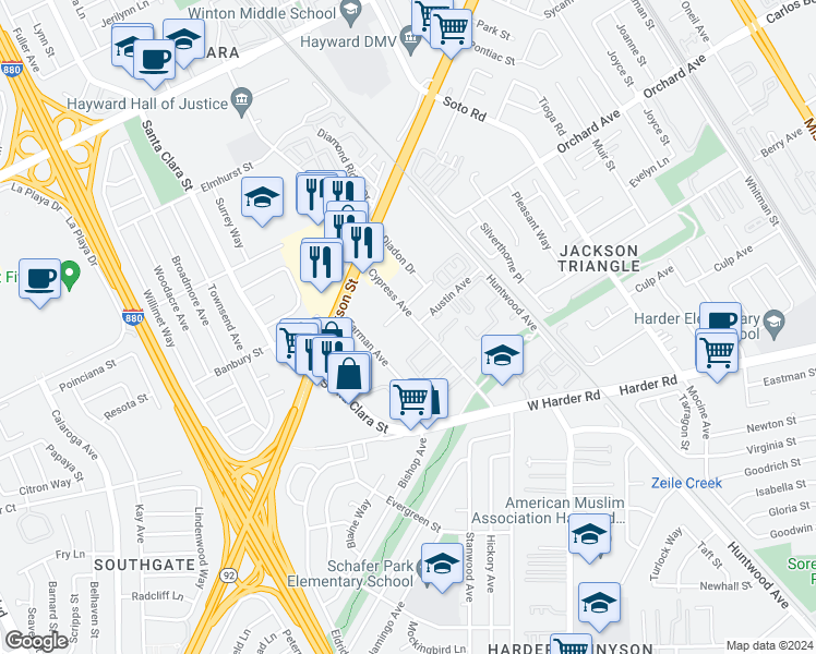 map of restaurants, bars, coffee shops, grocery stores, and more near 24955 Cypress Avenue in Hayward