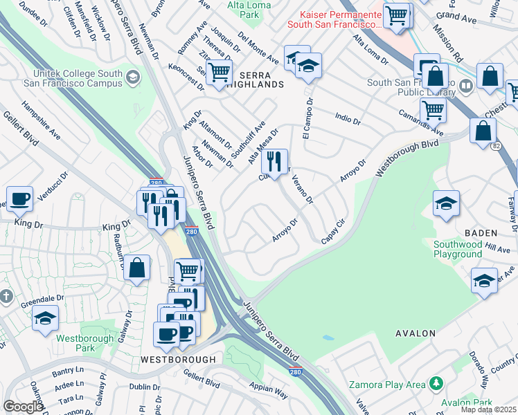 map of restaurants, bars, coffee shops, grocery stores, and more near 126 Escanyo Drive in South San Francisco