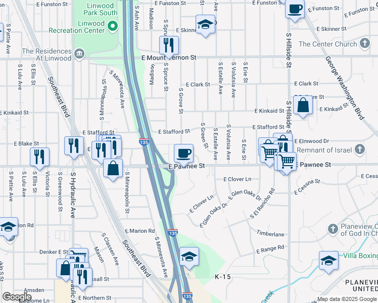 map of restaurants, bars, coffee shops, grocery stores, and more near 2330 East Blake Street in Wichita