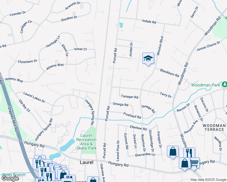 map of restaurants, bars, coffee shops, grocery stores, and more near 10011 Purcell Road in Richmond