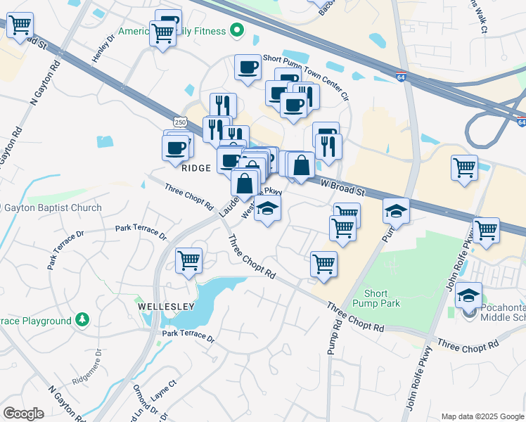 map of restaurants, bars, coffee shops, grocery stores, and more near 200 Westgate Parkway in Richmond