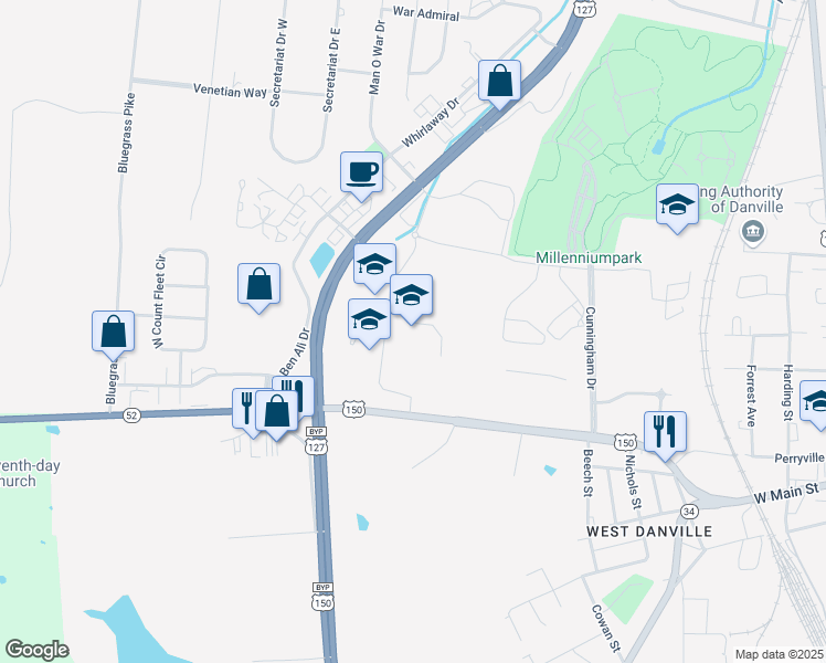 map of restaurants, bars, coffee shops, grocery stores, and more near 1637 Perryville Road in Danville