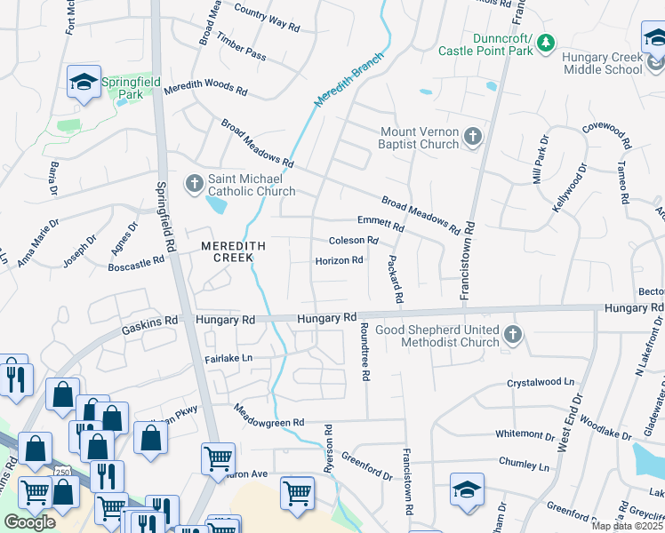 map of restaurants, bars, coffee shops, grocery stores, and more near 9323 Horizon Road in Glen Allen
