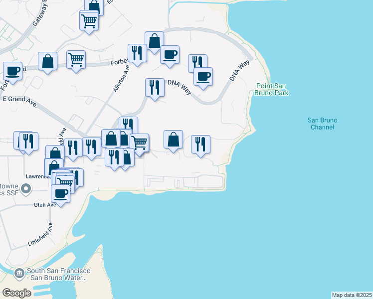 map of restaurants, bars, coffee shops, grocery stores, and more near 455 East Grand Avenue in South San Francisco