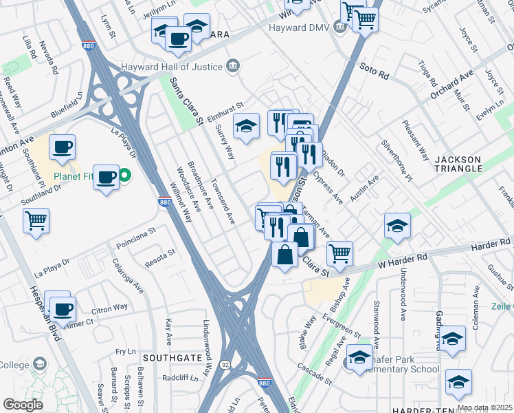 map of restaurants, bars, coffee shops, grocery stores, and more near 490 Mackenzie Place in Hayward