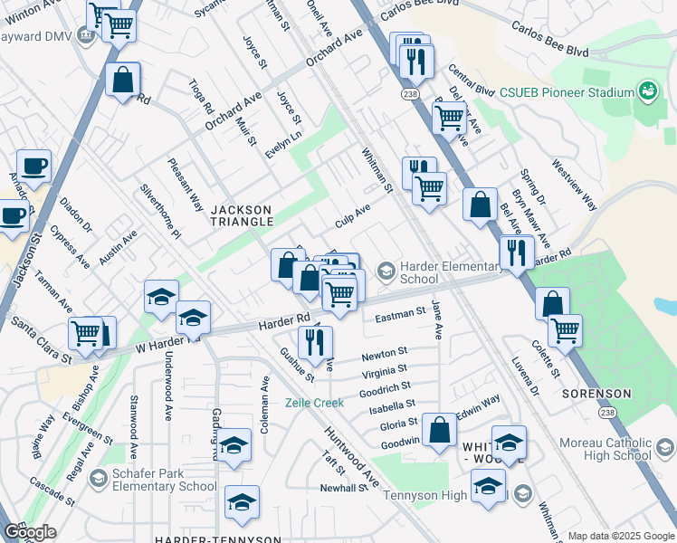 map of restaurants, bars, coffee shops, grocery stores, and more near 25675 Donald Avenue in Hayward