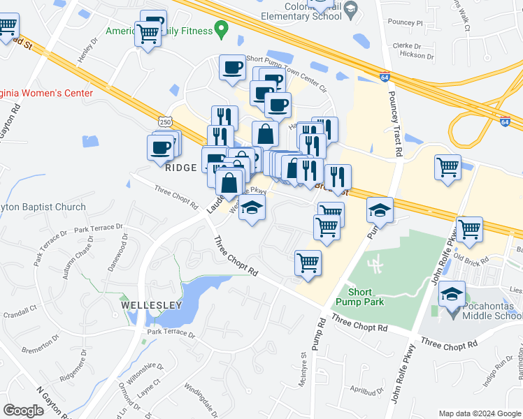map of restaurants, bars, coffee shops, grocery stores, and more near 3510-3598 Kilburn Circle in Henrico
