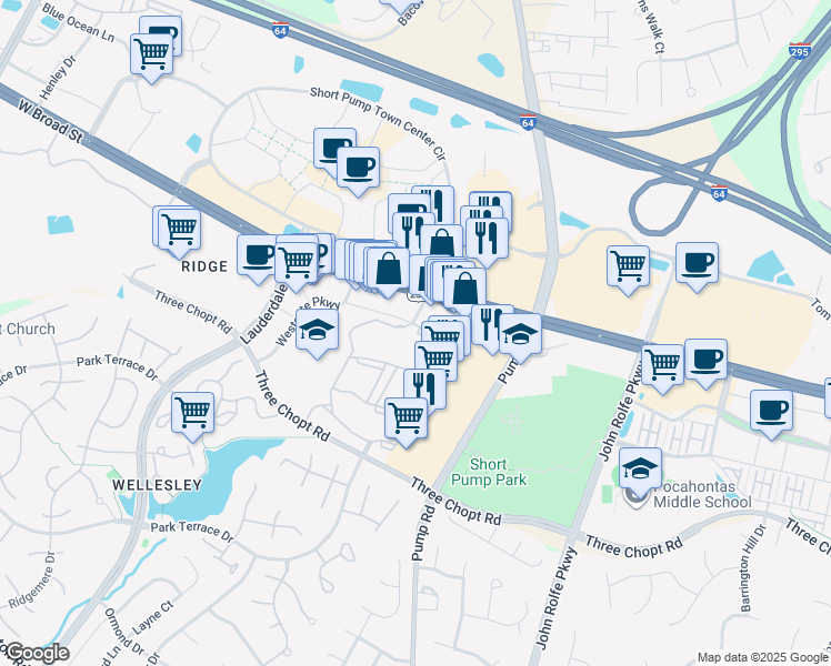 map of restaurants, bars, coffee shops, grocery stores, and more near 11591 West Broad Street in Richmond