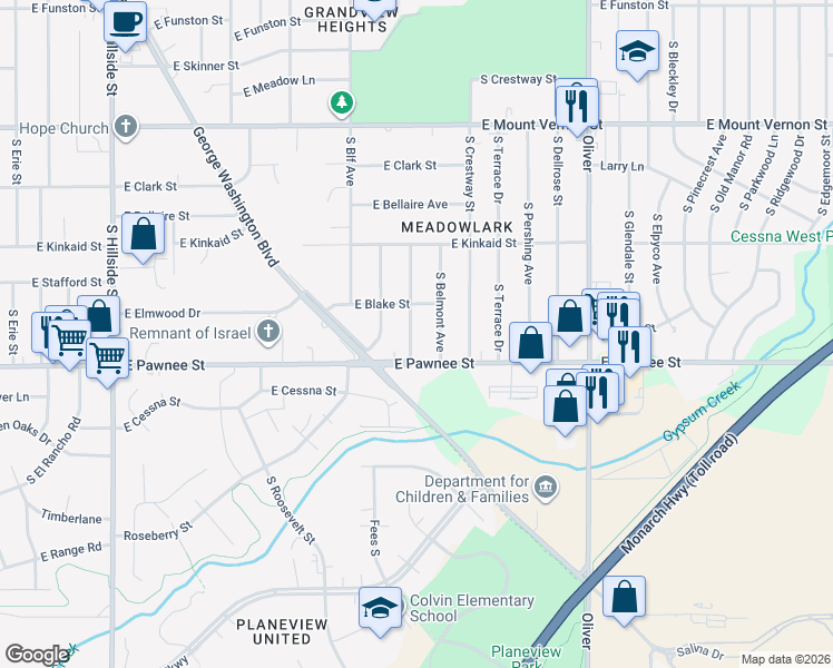 map of restaurants, bars, coffee shops, grocery stores, and more near 2308 South Broadview Street in Wichita