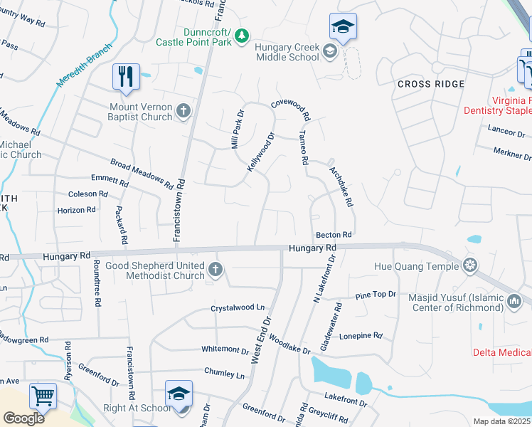 map of restaurants, bars, coffee shops, grocery stores, and more near 4613 Mill Park Drive in Glen Allen