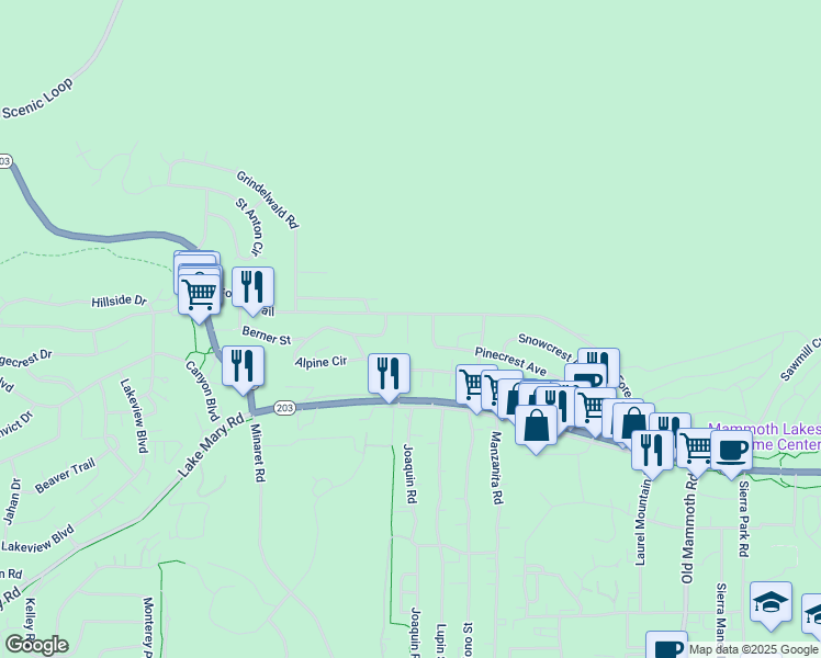 map of restaurants, bars, coffee shops, grocery stores, and more near 601 Forest Trail in Mammoth Lakes