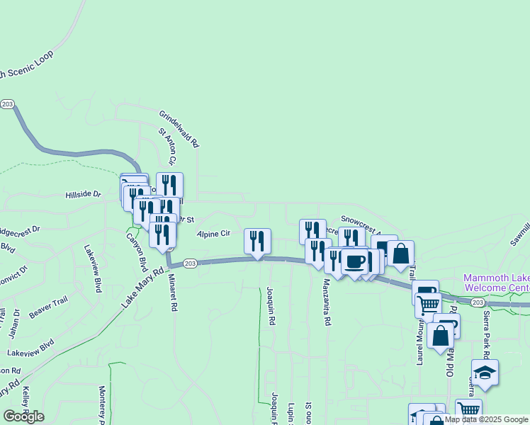 map of restaurants, bars, coffee shops, grocery stores, and more near 601 Forest Trail in Mammoth Lakes