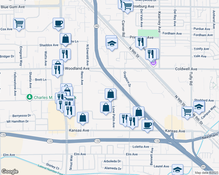 map of restaurants, bars, coffee shops, grocery stores, and more near 1121 Lone Palm Avenue in Modesto