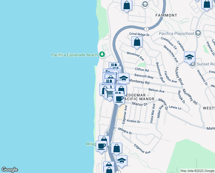 map of restaurants, bars, coffee shops, grocery stores, and more near 380 Esplanade Avenue in Pacifica