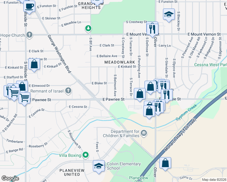 map of restaurants, bars, coffee shops, grocery stores, and more near 2308 South Broadview Street in Wichita