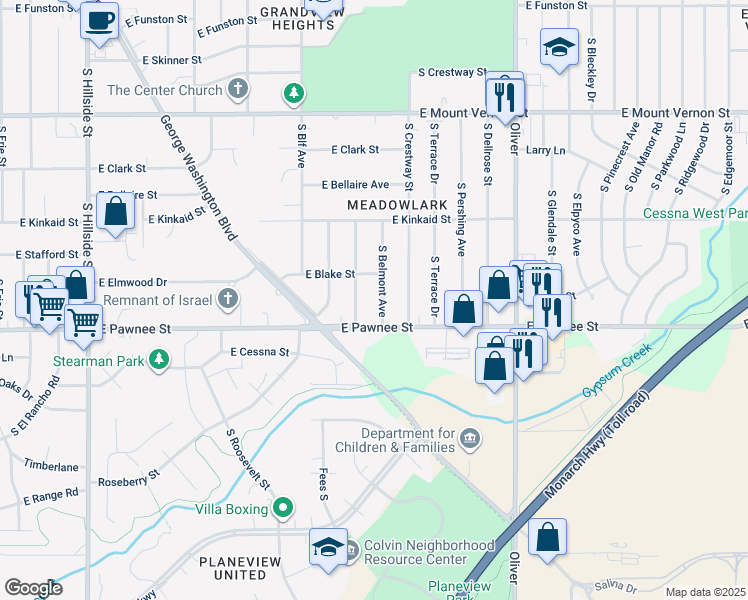 map of restaurants, bars, coffee shops, grocery stores, and more near 2308 South Broadview Street in Wichita