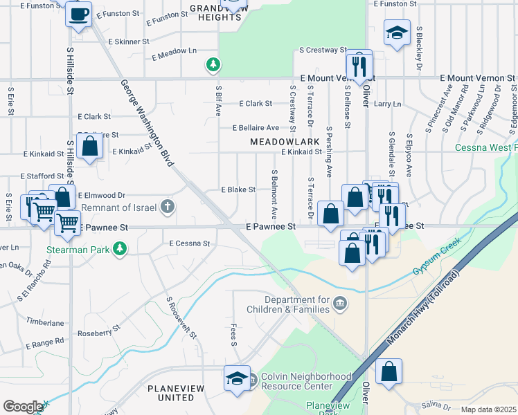 map of restaurants, bars, coffee shops, grocery stores, and more near 2308 South Broadview Street in Wichita