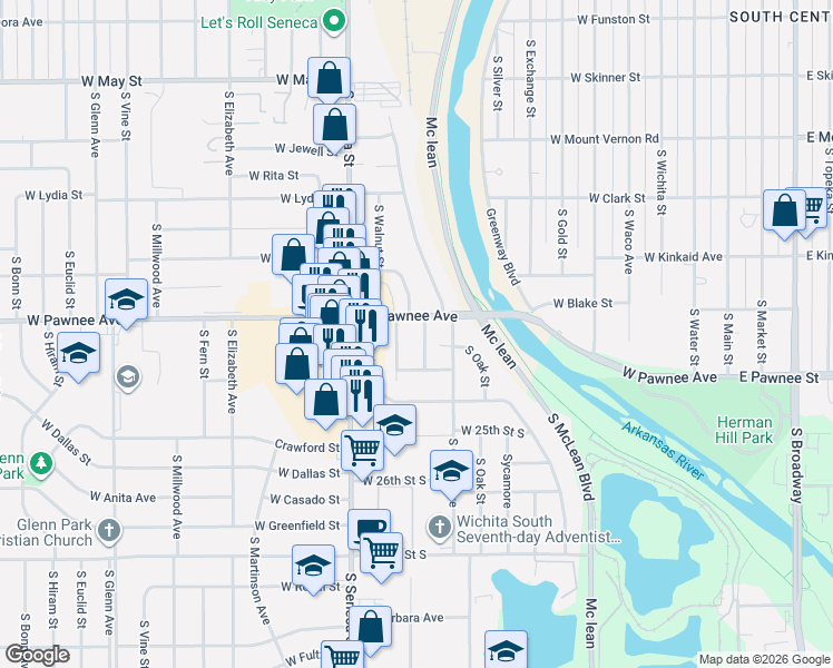 map of restaurants, bars, coffee shops, grocery stores, and more near 901-949 West Pawnee Street in Wichita